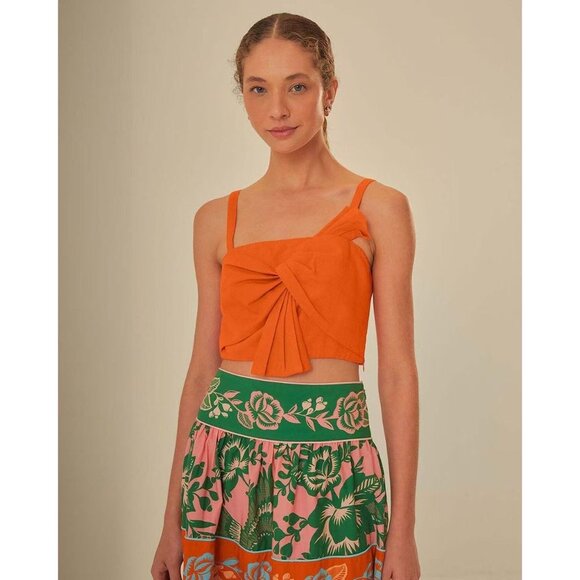 NWOT Farm Rio Orange Bow Linen Crop Top Square Neck Sleeveless Statement Tank M - Picture 2 of 16